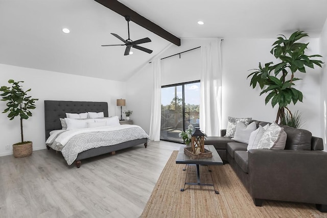 bedroom with ceiling fan, light hardwood / wood-style flooring, access to outside, and vaulted ceiling with beams