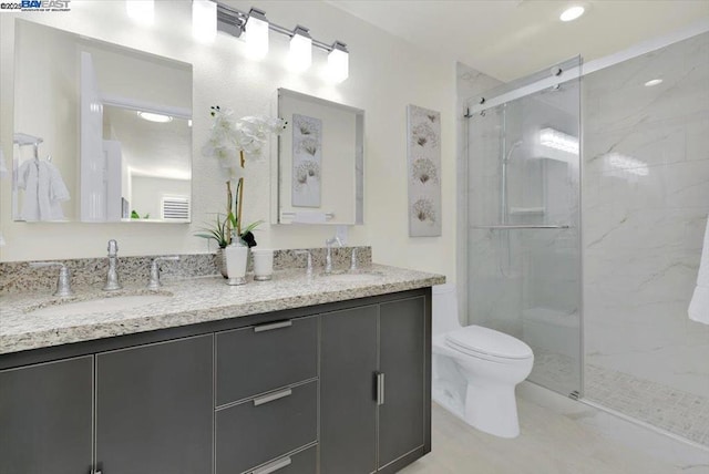 bathroom with toilet, walk in shower, and vanity