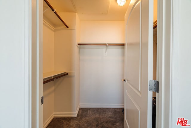 walk in closet featuring dark carpet