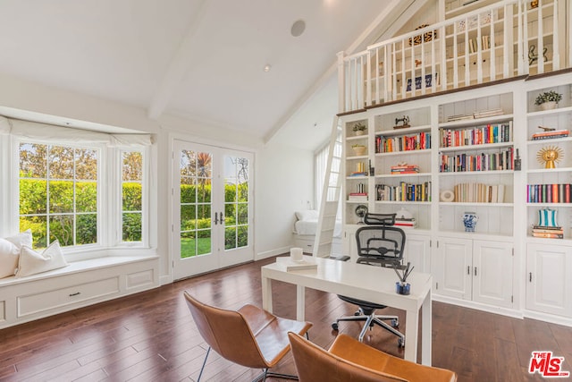 home office featuring dark wood-type flooring, french doors, and vaulted ceiling with beams