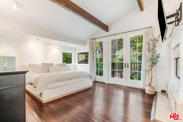 bedroom with dark hardwood / wood-style floors, access to outside, french doors, and vaulted ceiling with beams