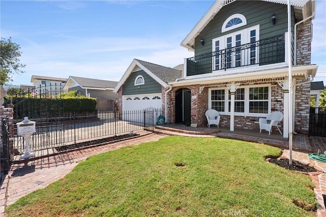 front of property with a front yard, a garage, and a balcony