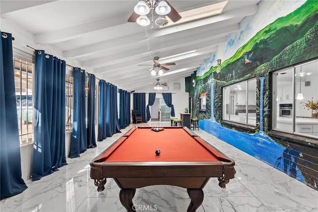 playroom with ceiling fan, billiards, and lofted ceiling with beams