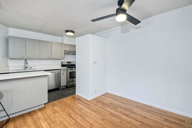 kitchen with appliances with stainless steel finishes, sink, gray cabinets, light wood-type flooring, and ceiling fan