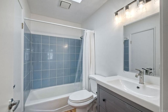 full bathroom with toilet, vanity, and shower / bathtub combination with curtain