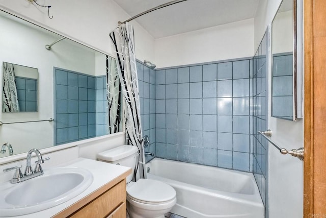 full bathroom with toilet, vanity, and shower / bath combination with curtain