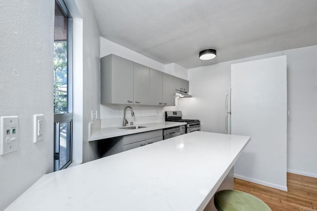 kitchen featuring gray cabinets, a breakfast bar area, appliances with stainless steel finishes, light wood-type flooring, and sink