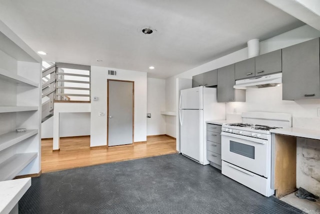 kitchen featuring gray cabinetry and white appliances