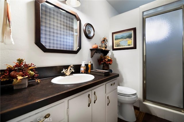 bathroom featuring toilet, a shower with shower door, and vanity