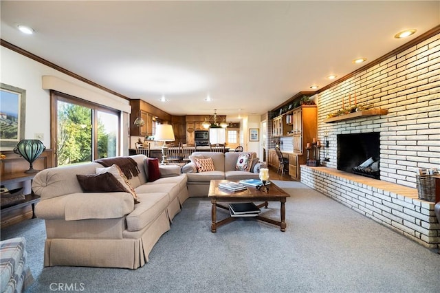 living room featuring a brick fireplace and carpet