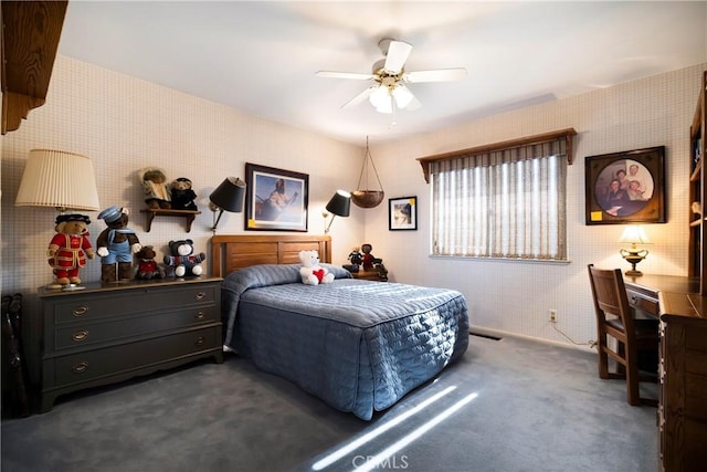 carpeted bedroom featuring ceiling fan