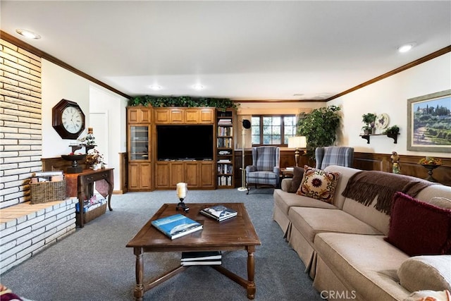 carpeted living room featuring ornamental molding