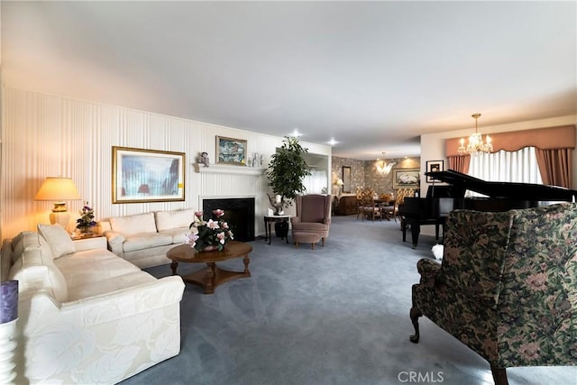 carpeted living room with a notable chandelier