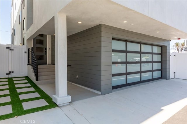 exterior space with a garage