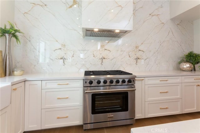 kitchen with high end stainless steel range oven, backsplash, white cabinets, and custom exhaust hood