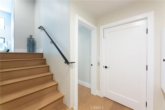 stairs with hardwood / wood-style flooring