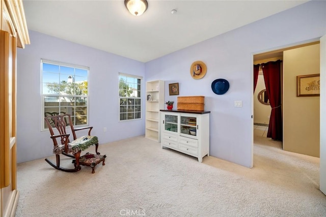 sitting room featuring light carpet