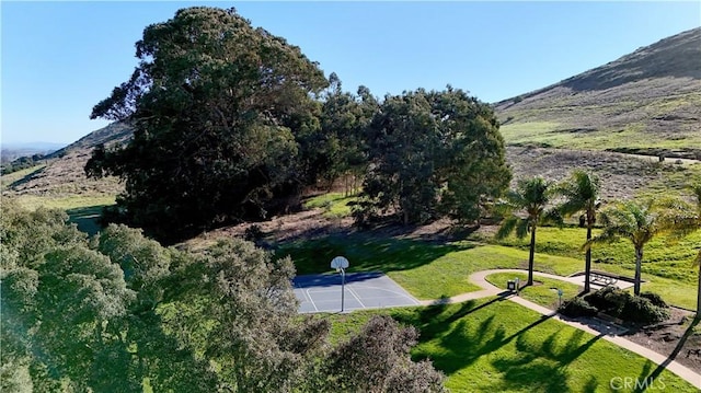 view of community featuring a mountain view, a yard, and basketball court