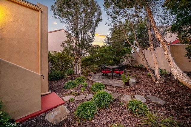 yard at dusk featuring a patio area