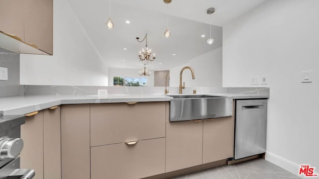 kitchen with light stone countertops, dishwasher, sink, an inviting chandelier, and pendant lighting