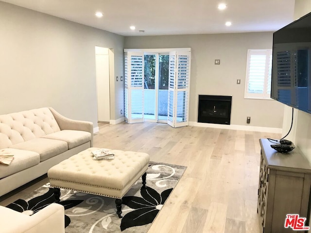 living room featuring a wealth of natural light and light wood-type flooring