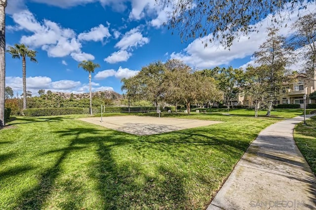 surrounding community with a yard and volleyball court