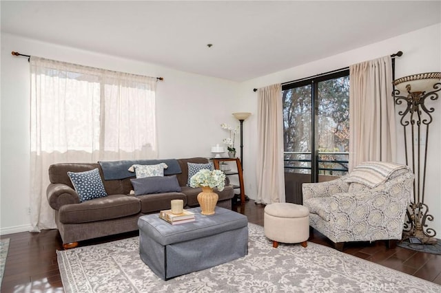 living room with dark hardwood / wood-style flooring