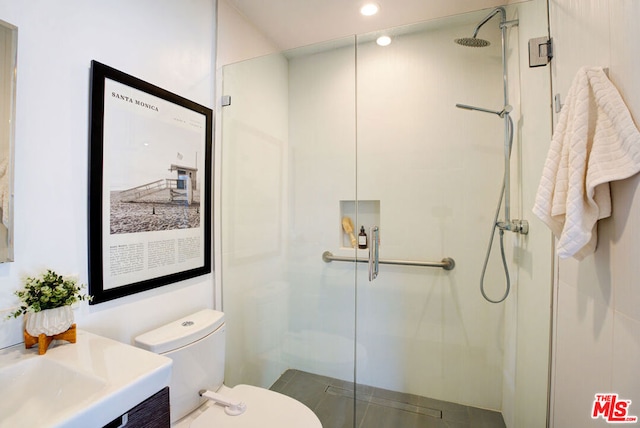 bathroom with vanity, toilet, and a shower with shower door