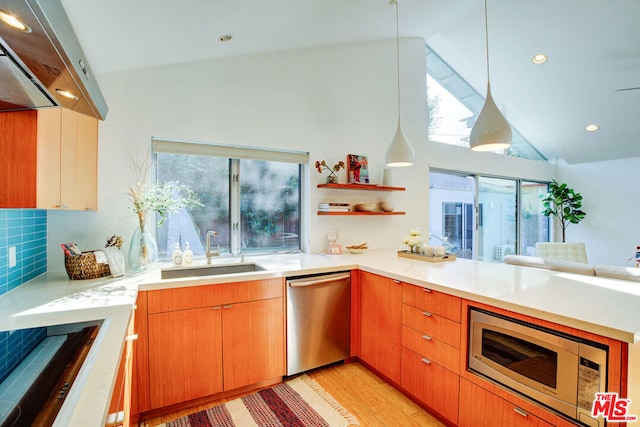 kitchen with range hood, sink, hanging light fixtures, kitchen peninsula, and stainless steel appliances