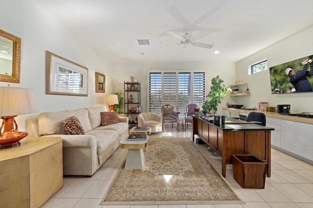 tiled office space with ceiling fan