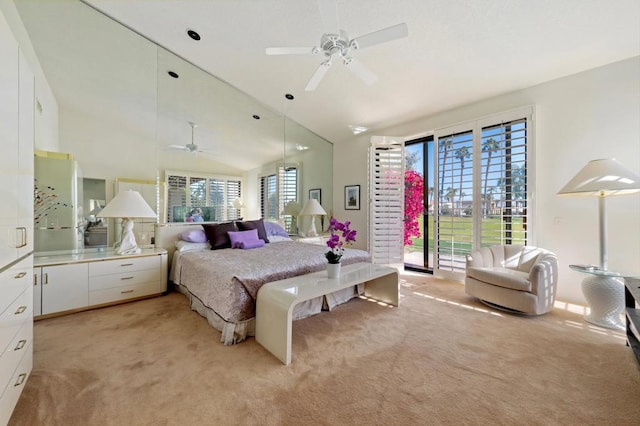 carpeted bedroom with high vaulted ceiling, access to outside, and ceiling fan