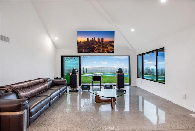 living room with a high ceiling