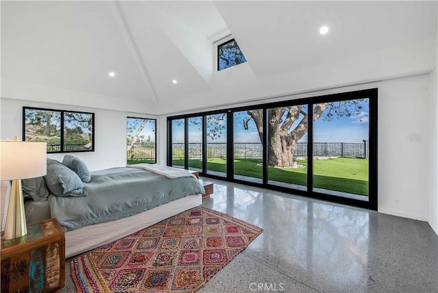 bedroom featuring high vaulted ceiling and access to outside