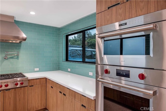 kitchen with stainless steel appliances, exhaust hood, and tasteful backsplash