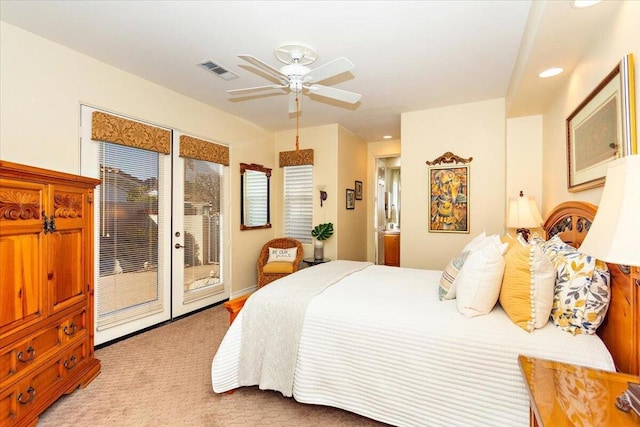 bedroom featuring ceiling fan and access to exterior