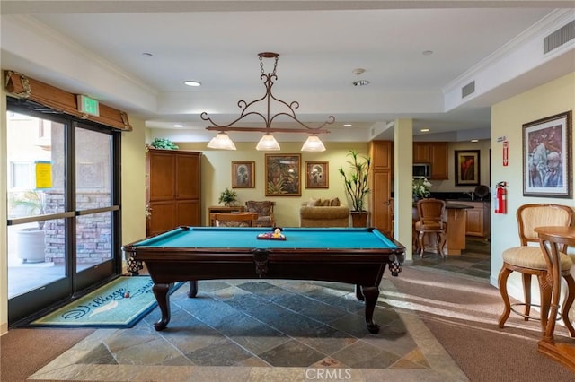 recreation room featuring a raised ceiling, visible vents, and billiards