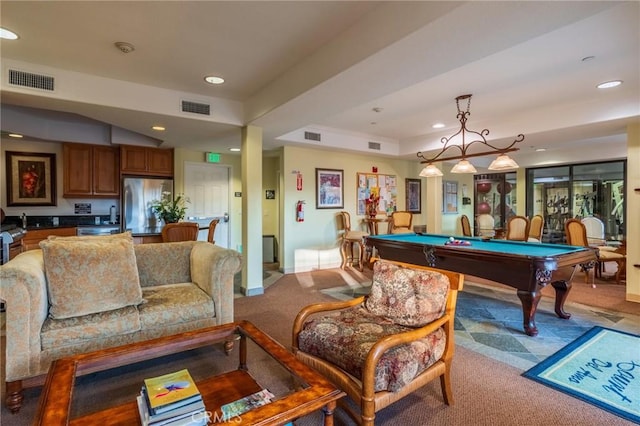 playroom with recessed lighting, billiards, visible vents, and light colored carpet