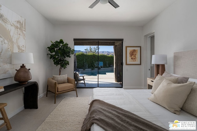 carpeted bedroom with access to outside and ceiling fan