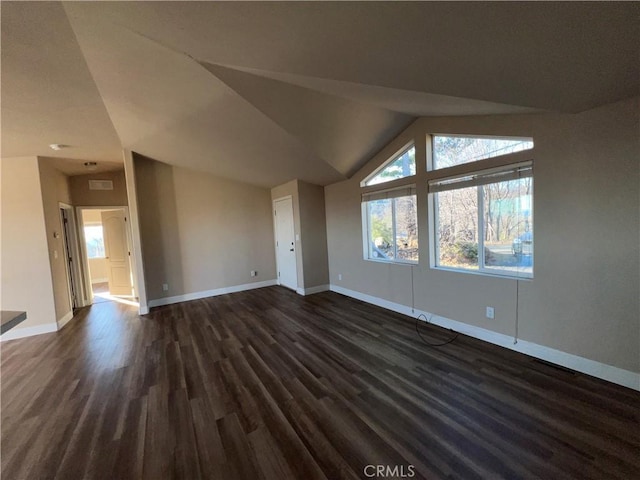 interior space with lofted ceiling and dark wood-type flooring