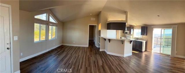 kitchen with a kitchen breakfast bar, dark wood-type flooring, vaulted ceiling, and kitchen peninsula