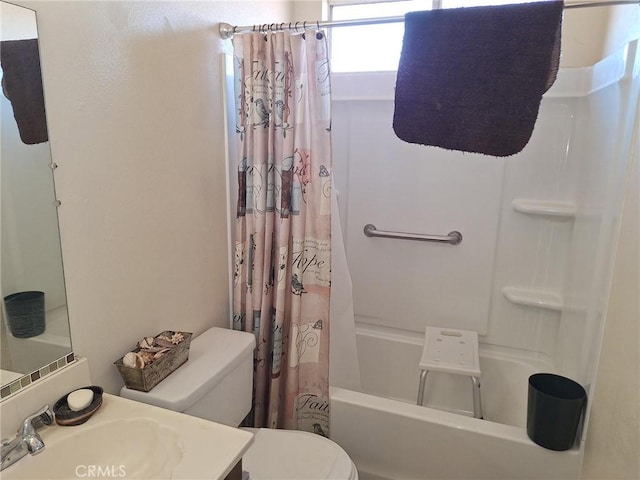 full bathroom with toilet, shower / bath combination with curtain, and sink