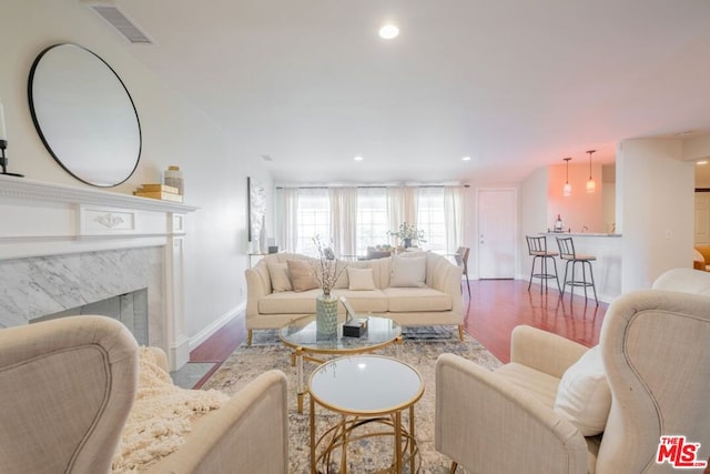 living room featuring a premium fireplace and light wood-type flooring