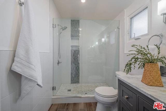 bathroom with a shower with door, vanity, and toilet