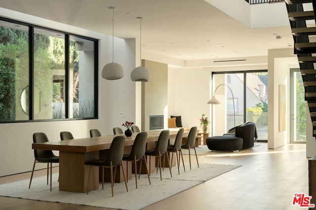 dining space with plenty of natural light and light hardwood / wood-style flooring