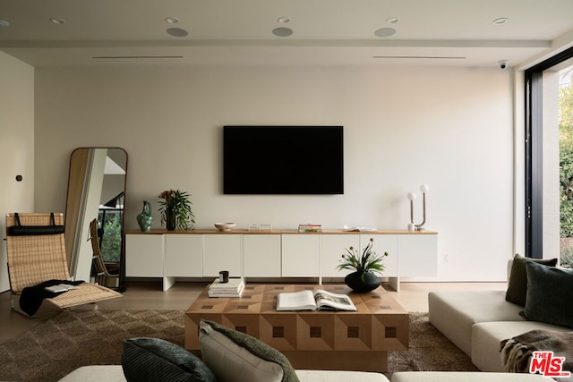 living room with a wall of windows and wood-type flooring