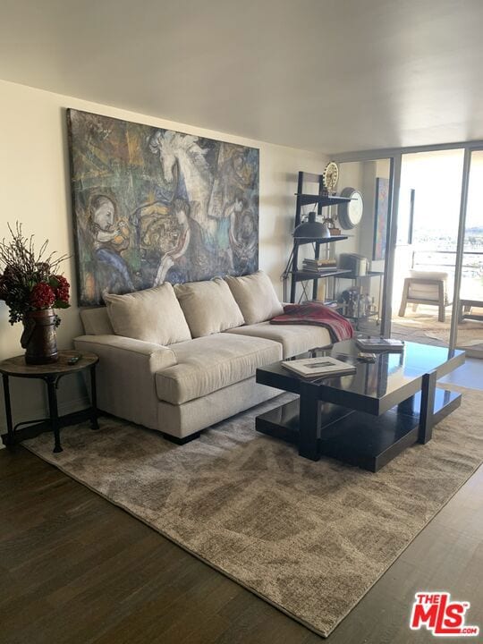 living room featuring expansive windows and hardwood / wood-style flooring