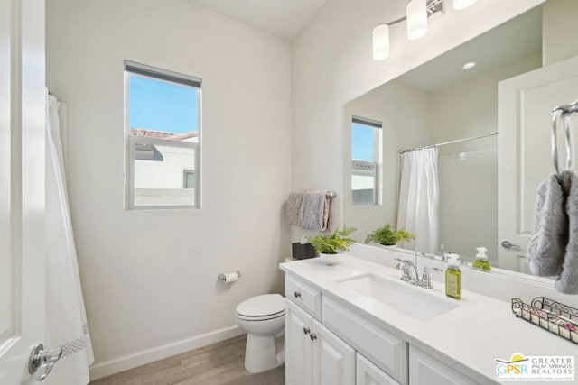 bathroom with hardwood / wood-style flooring, plenty of natural light, vanity, and curtained shower