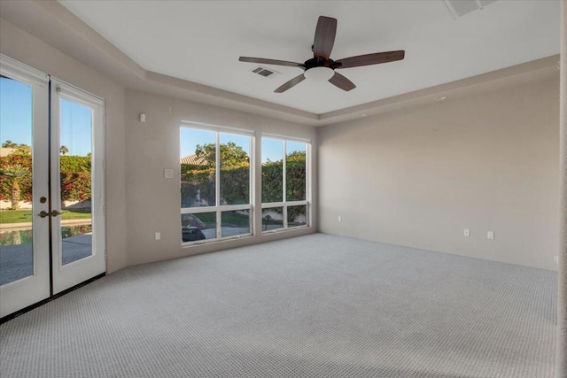 empty room featuring a tray ceiling and carpet