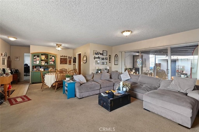 living room featuring a textured ceiling and carpet flooring