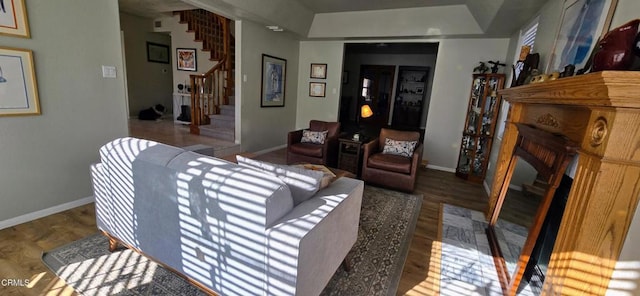 living room with a raised ceiling and hardwood / wood-style flooring